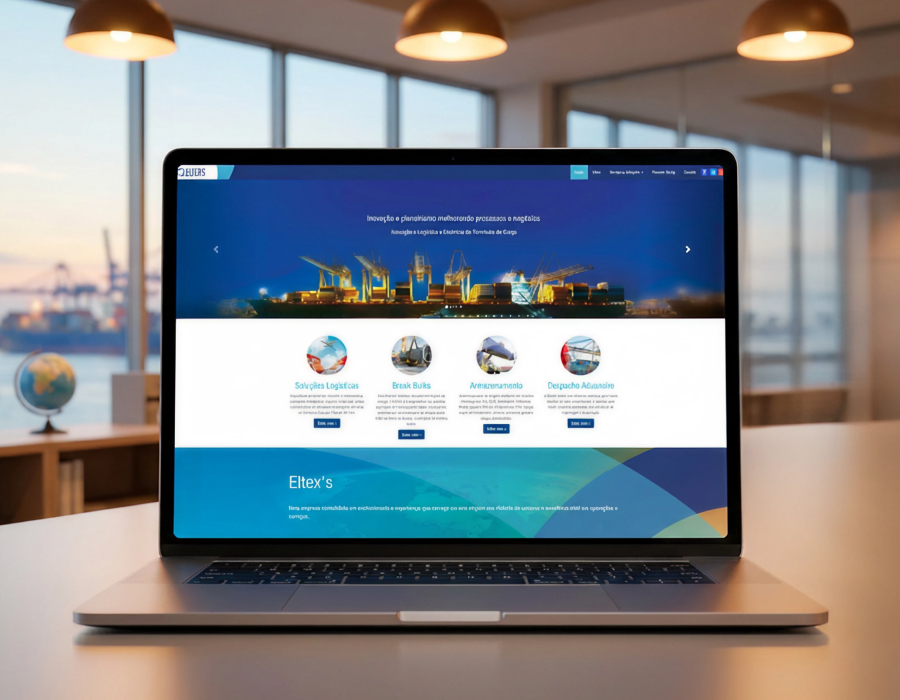 Case Eltex Logística com website responsivo, pasta comercial e lâminas comerciais